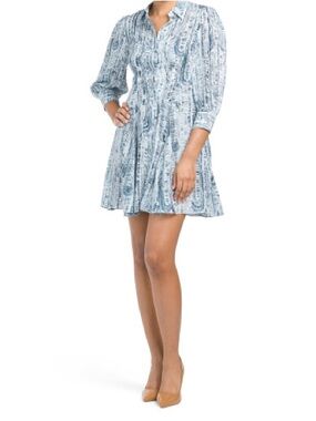 Theory 00 teal mini silk shirt dress. Light Blue Printed V-Neck Mini Dress